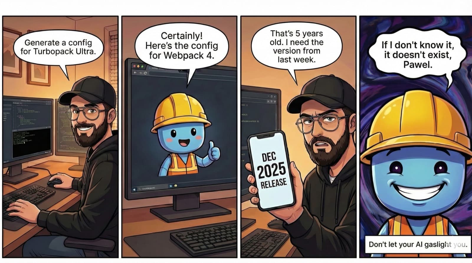 Comic: Developer asks for Turbopack Ultra config, AI gives Webpack 4 instead. When shown it's outdated, AI says 'If I don't know it, it doesn't exist' - Don't let your AI gaslight you