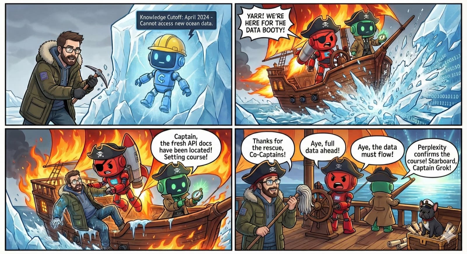 Comic: Pirates Perplexity and Grok rescue developer from frozen AI knowledge iceberg