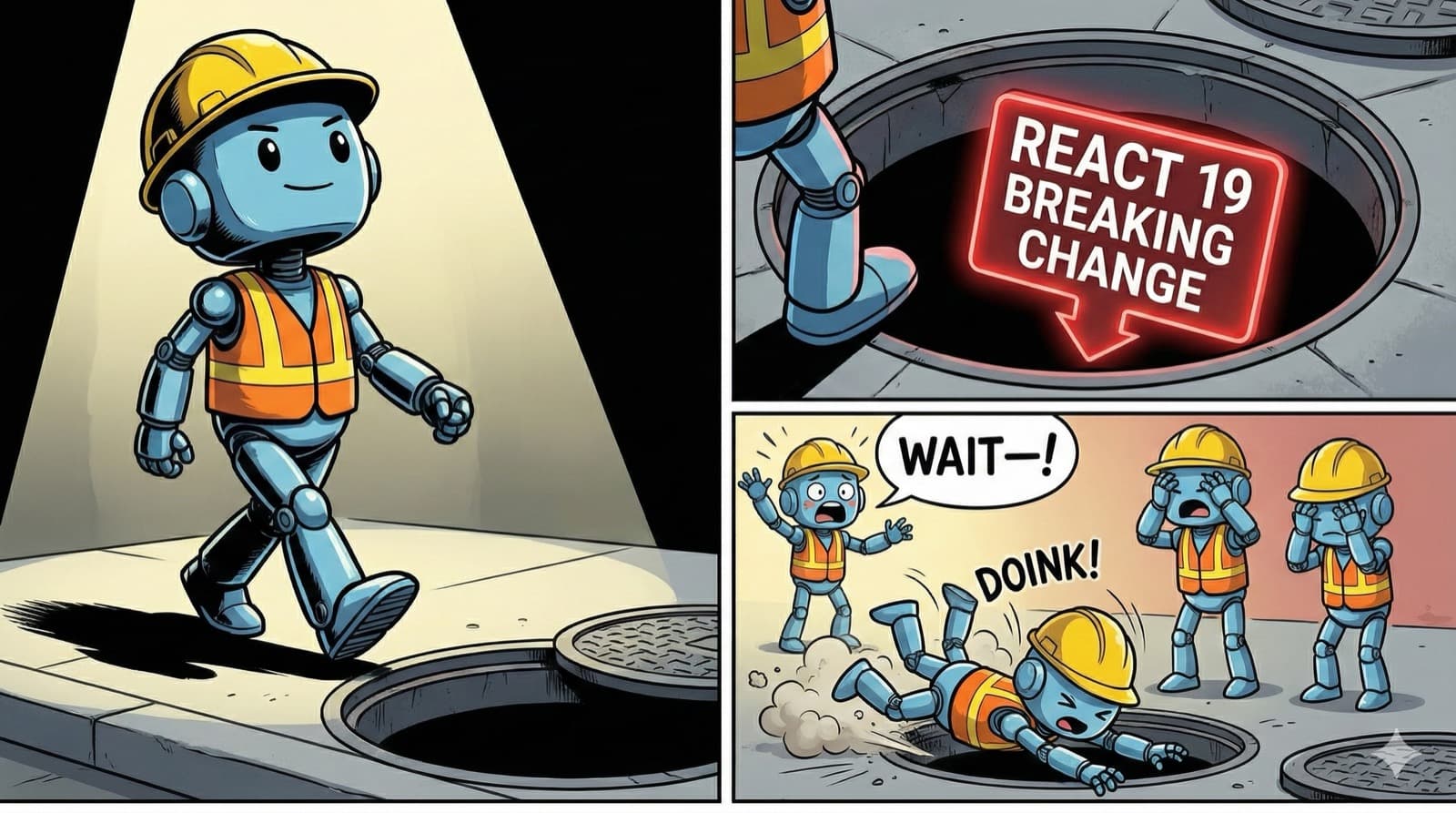 Comic: TachiBot robot walking confidently, then falling into a manhole labeled 'React 19 Breaking Change' - illustrating the knowledge cutoff problem