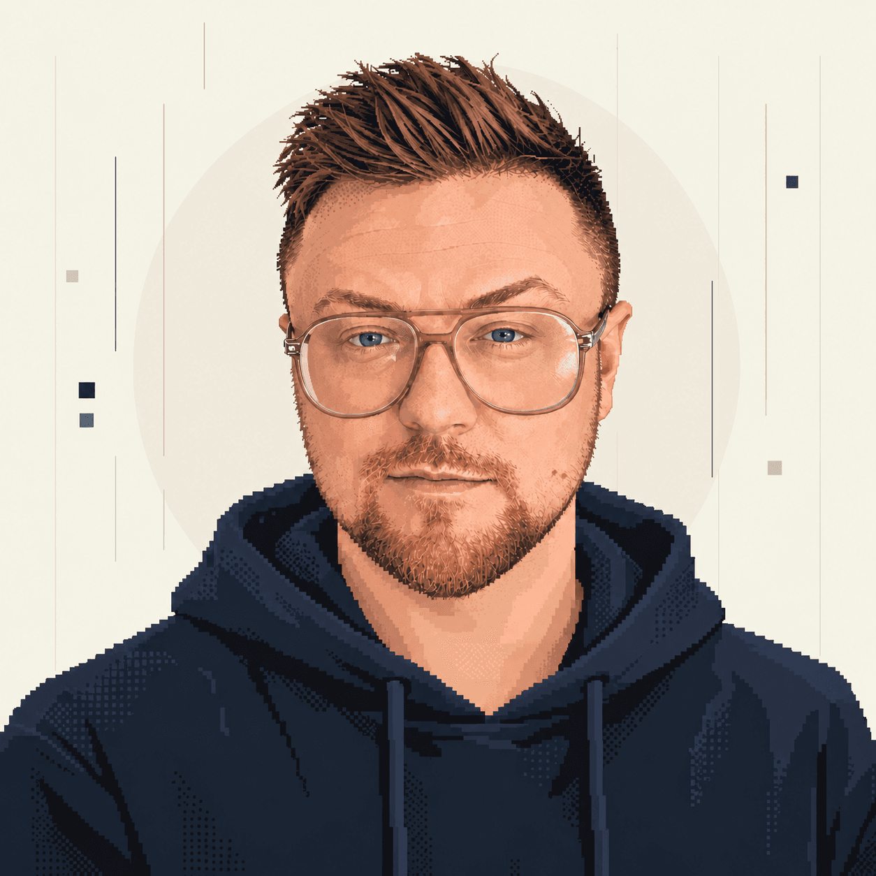 Illustrated portrait of Pawel in glasses and a navy hoodie