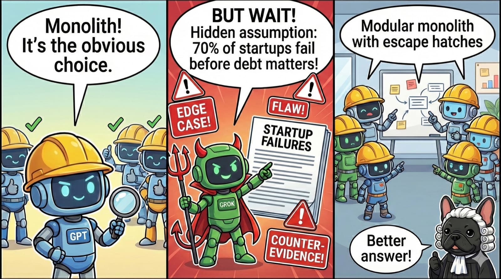 Challenge workflow: 'Monolith! It's the obvious choice' → 'BUT WAIT! Hidden assumption: 70% of startups fail before debt matters!' with EDGE CASE, FLAW, COUNTER-EVIDENCE warnings → Final: 'Modular monolith with escape hatches' - 'Better answer!'