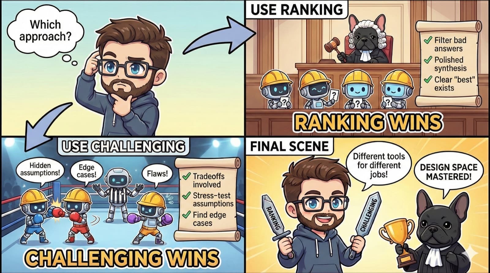 Decision framework: 'Which approach?' - USE RANKING (filter bad answers, polished synthesis, clear best exists) vs USE CHALLENGING (tradeoffs involved, stress-test assumptions, find edge cases). Different tools for different jobs!