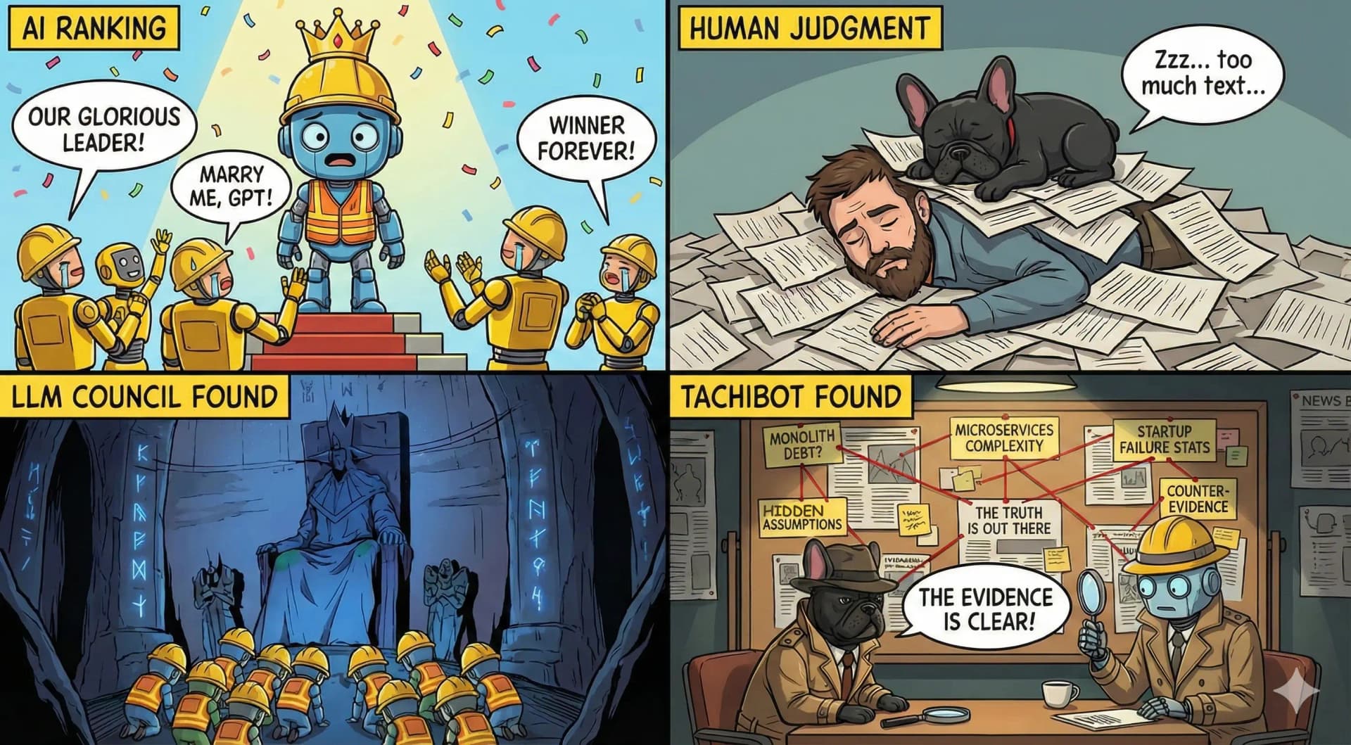 4-panel comic: AI RANKING (robots worshipping GPT: 'OUR GLORIOUS LEADER!' 'MARRY ME, GPT!') vs HUMAN JUDGMENT (developer asleep on papers: 'Zzz... too much text'). LLM COUNCIL FOUND (dark temple worship scene) vs TACHIBOT FOUND (detective evidence board: 'Hidden assumptions', 'Counter-evidence', 'THE EVIDENCE IS CLEAR!').
