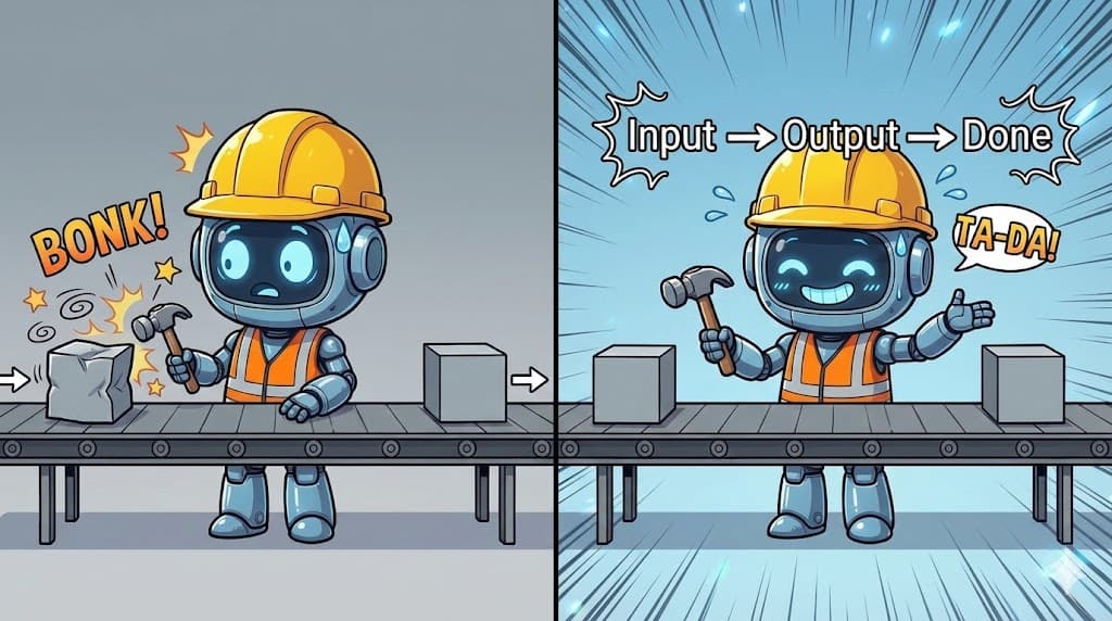 Traditional AI: Robot bonks block with hammer (BONK!), then proudly presents result - Input, Output, Done, TA-DA!