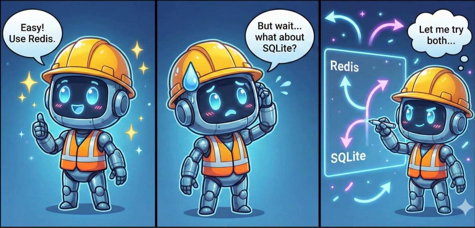 Sequential Thinking: Robot pauses mid-answer, reconsiders with 'Wait... what about SQLite?', then explores multiple paths