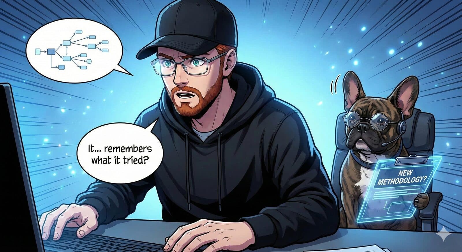 Developer realizing 'It... remembers what it tried?' while a French Bulldog with glasses holds a 'New Methodology?' clipboard