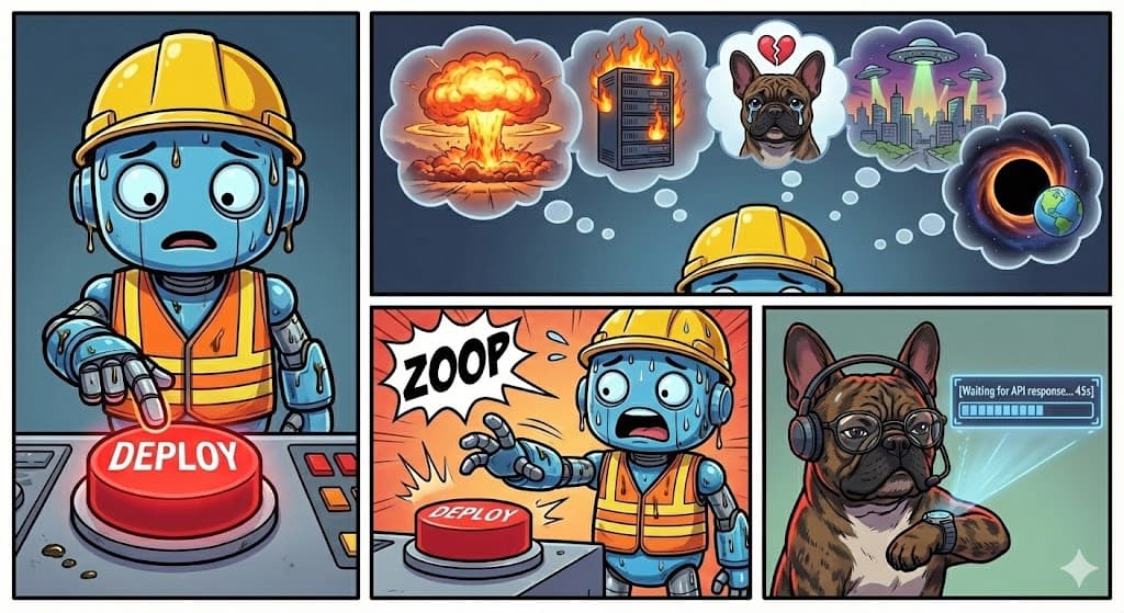 Comic strip: Robot sweats over DEPLOY button imagining disasters (explosion, server fire, sad Frenchie, aliens, black hole). ZOOP - pulls hand back. French Bulldog checks watch: 'Waiting for API response... 45s'