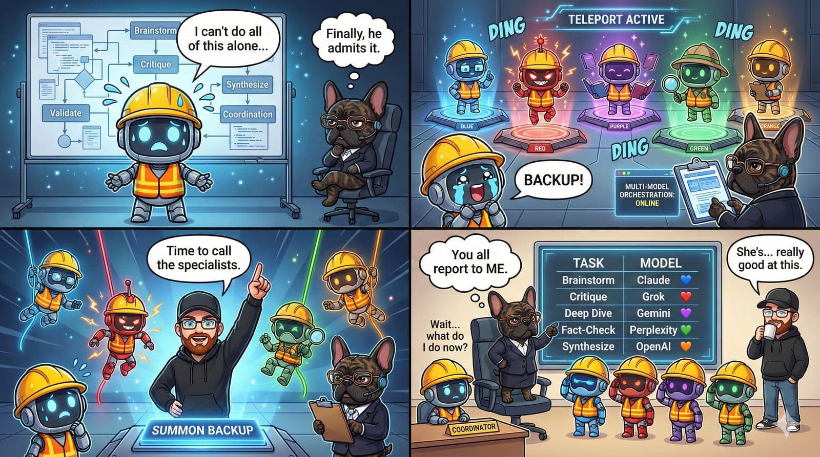 Comic strip: Yellow robot admits 'I can't do all of this alone', specialists teleport in, French Bulldog assigns tasks - 'You all report to ME'