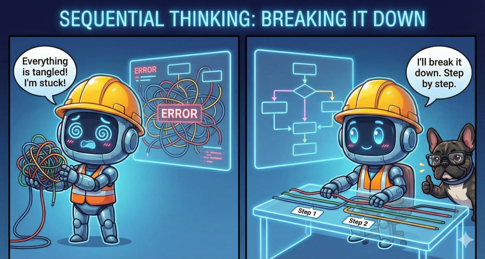 Sequential Thinking: Breaking It Down - Robot tangled in wires says 'I'm stuck!', then breaks problem into steps with flowchart while French Bulldog approves