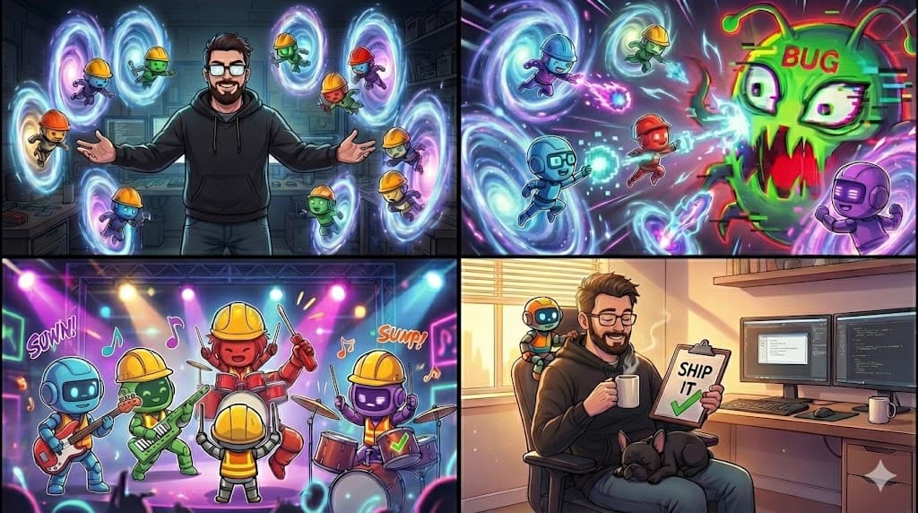 Comic: 'You need BACKUP!' - portals open, robot band arrives with instruments, they coordinate like a rock band instead of jazz solo. JAZZ: Impressive but exhausting. BAND: Sustainable AND fun. The fix isn't better prompts, it's better systems. Great solos. Greater bands.