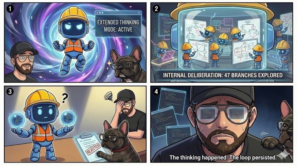 Comic: Extended Thinking Isn't Enough - robot deliberates across 47 branches but still gets rejected. The thinking happened. The loop persisted.