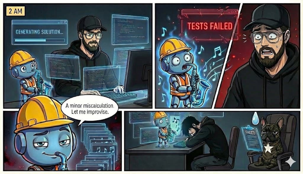 Comic: 2 AM coding session - AI confidently generates solution, tests fail, robot improvises with jazz saxophone while developer despairs.