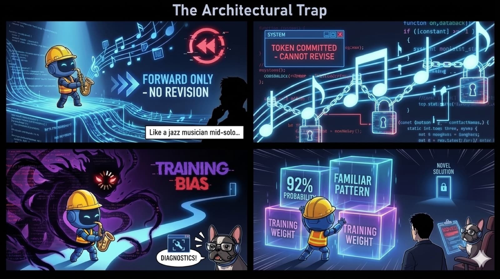 Comic: The Architectural Trap - forward-only token generation, no revision possible. Training bias pulls toward familiar patterns over novel solutions.